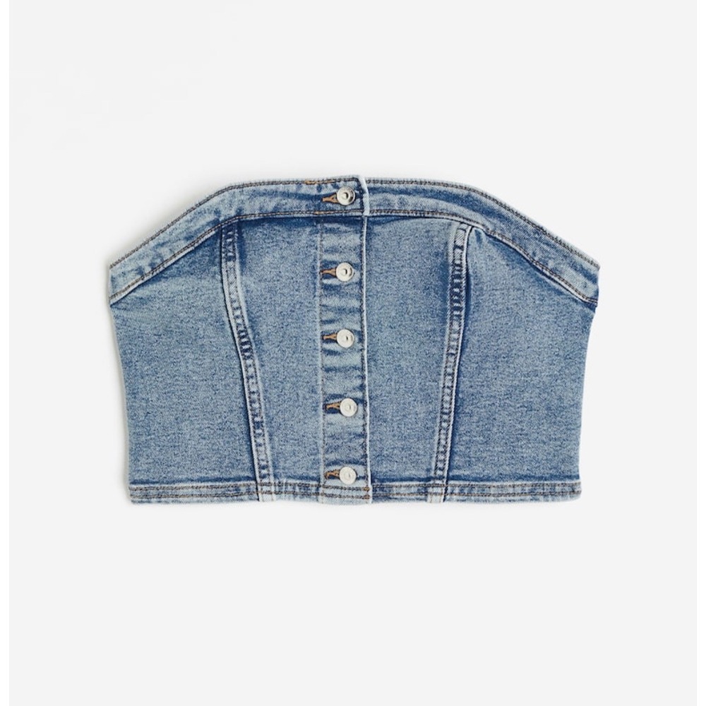H&M Divided Denim Bustier Corset Crop Top Button Front Light Wash Blue Jean S